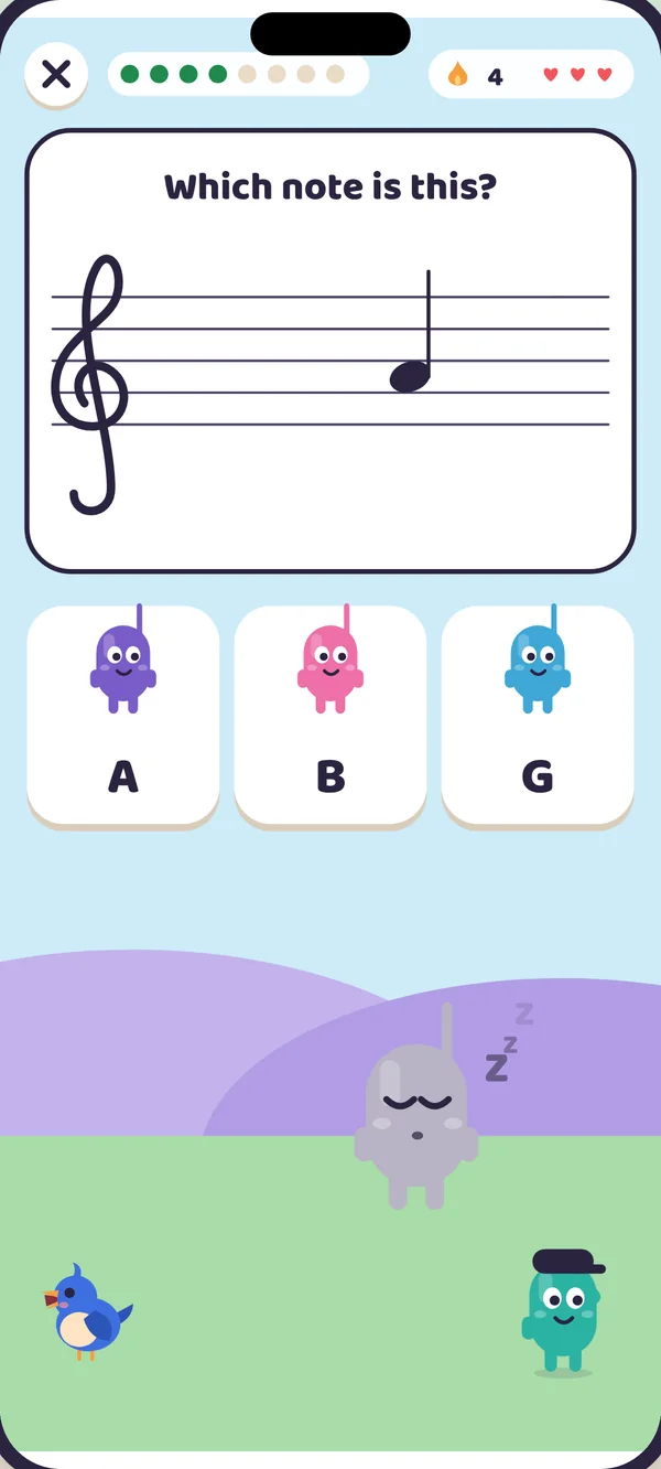 A staff with a note and three Noteling answers: A, B or G