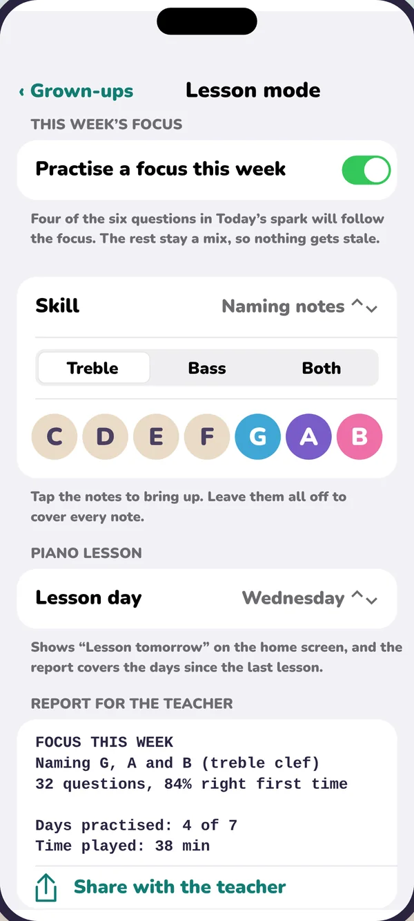 Lesson mode: choose a weekly focus and share a practice report with the teacher